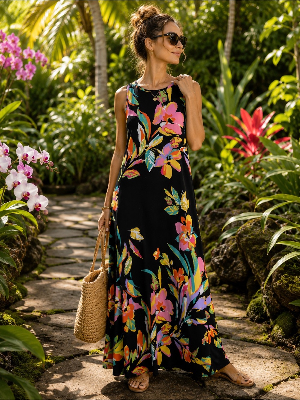 Vince Camuto Black Tropical Floral Sleeveless Maxi Dress Size Large Made in USA - Picture 3 of 16